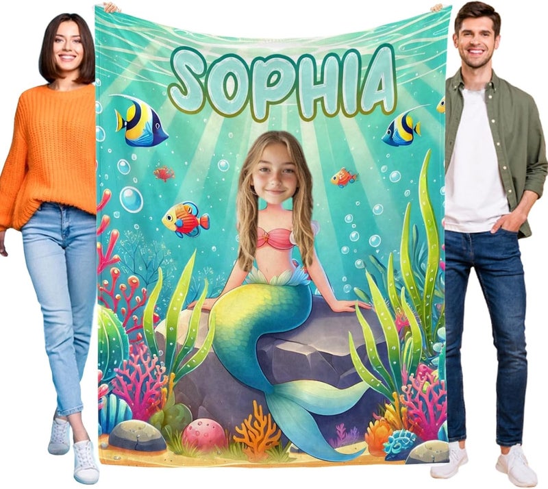 Artsadd Mermaid Gifts for Girls Women, Personalized Mermaid Blanket with Photo and Name for Kids Adults, Custom Photo Blankets for Baby Infant Newborn Toddlers Christmas Birthday Shower Gifts - Image 2